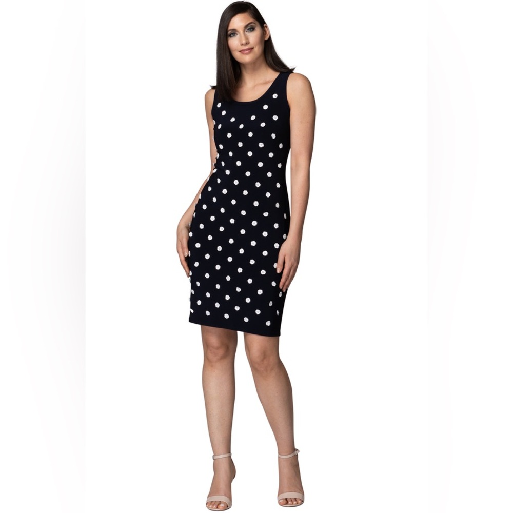 Joseph Ribkoff. Navy Floral Polka Dot Jersey Shift. Size 8.
